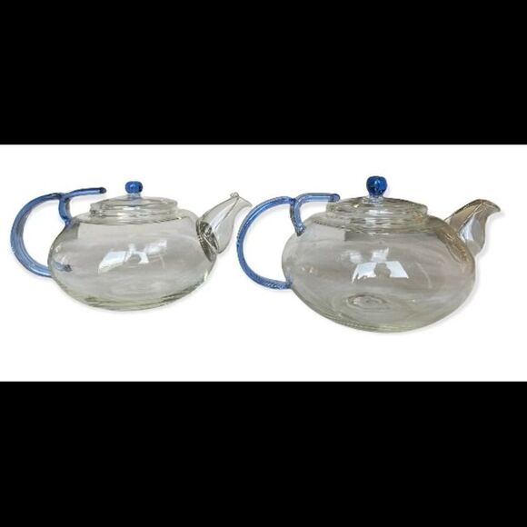 Teavana Hand Made Clear & Blue Glass TEAPOT - Picture 2 of 6